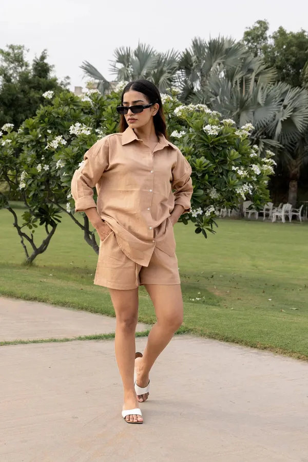 Brown_Cotton_Shirt_&_Shorts_Set_For_Women