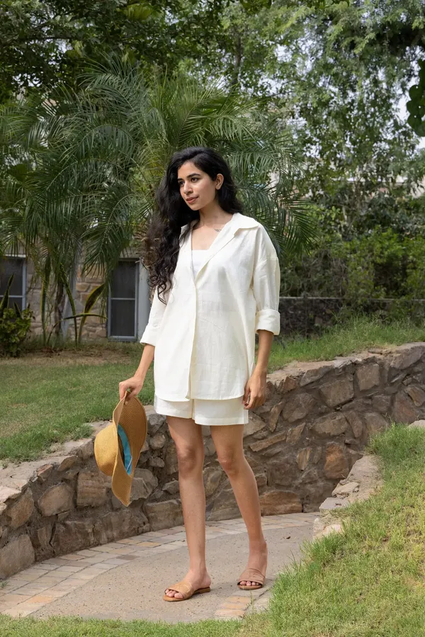 Ivory_Cotton_Shirt_&_Shorts_Set_For_Women