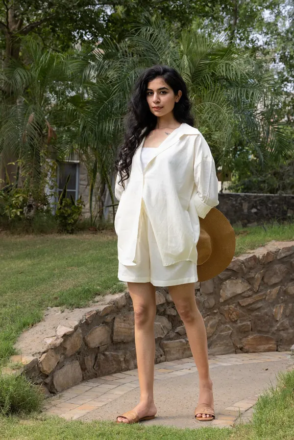 Ivory_Cotton_Shirt_&_Shorts_Set_For_Women
