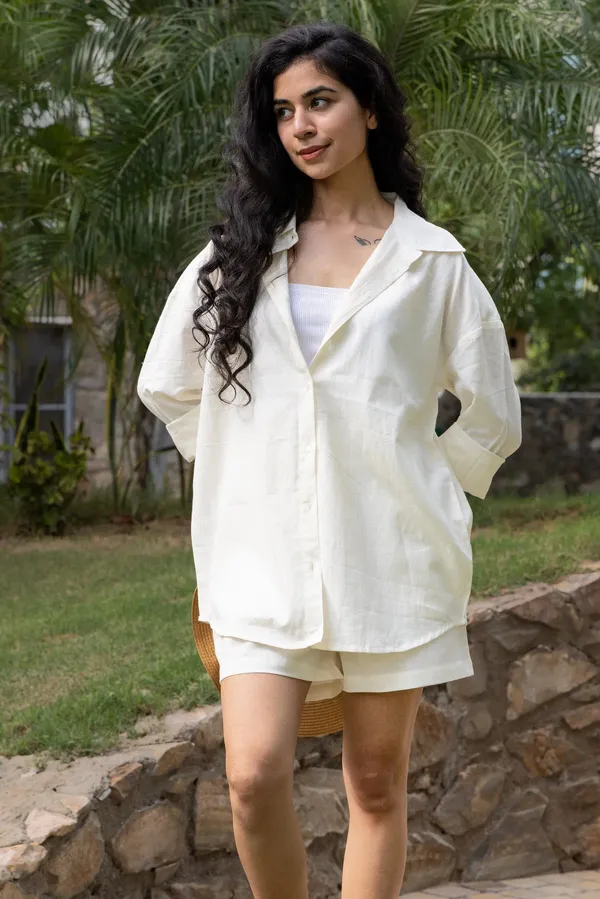 Ivory_Cotton_Shirt_&_Shorts_Set_For_Women