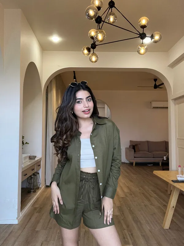 Olive_Green_Cotton_Shirt_&_Shorts_Set_For_Women