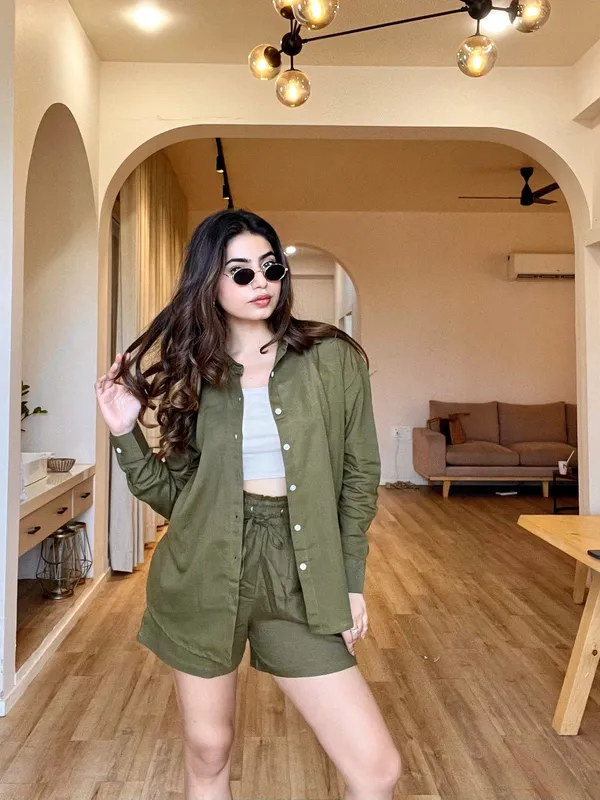 Olive_Green_Cotton_Shirt_&_Shorts_Set_For_Women