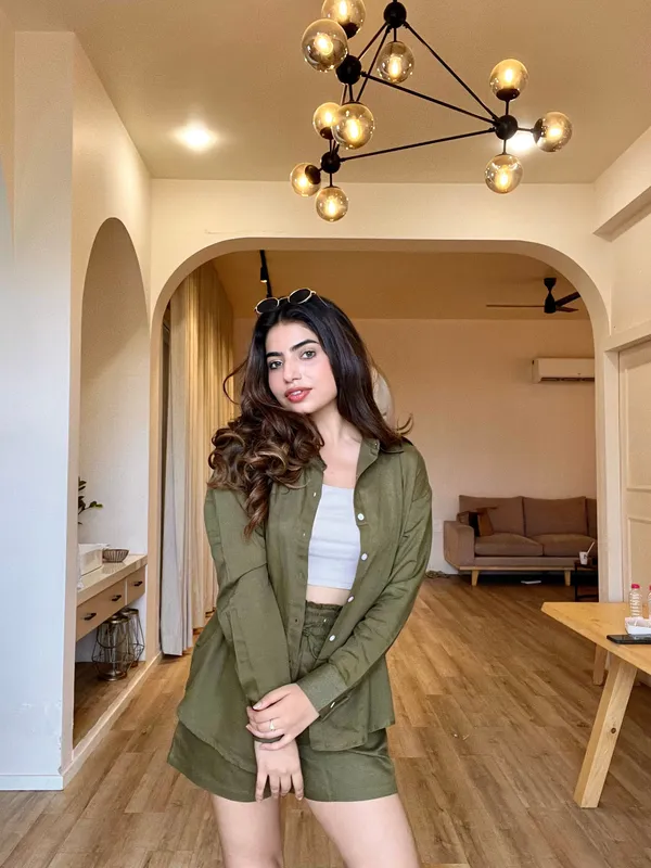 Olive_Green_Cotton_Shirt_&_Shorts_Set_For_Women