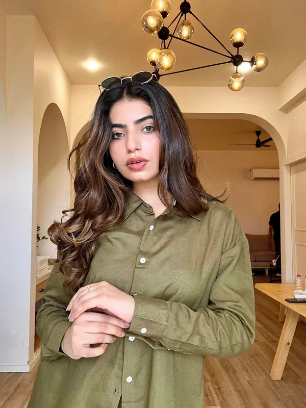 Olive_Green_Cotton_Shirt_&_Shorts_Set_For_Women