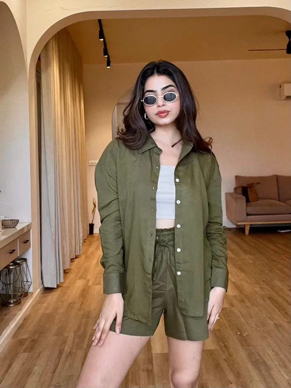 Olive_Green_Cotton_Shirt_&_Shorts_Set_For_Women