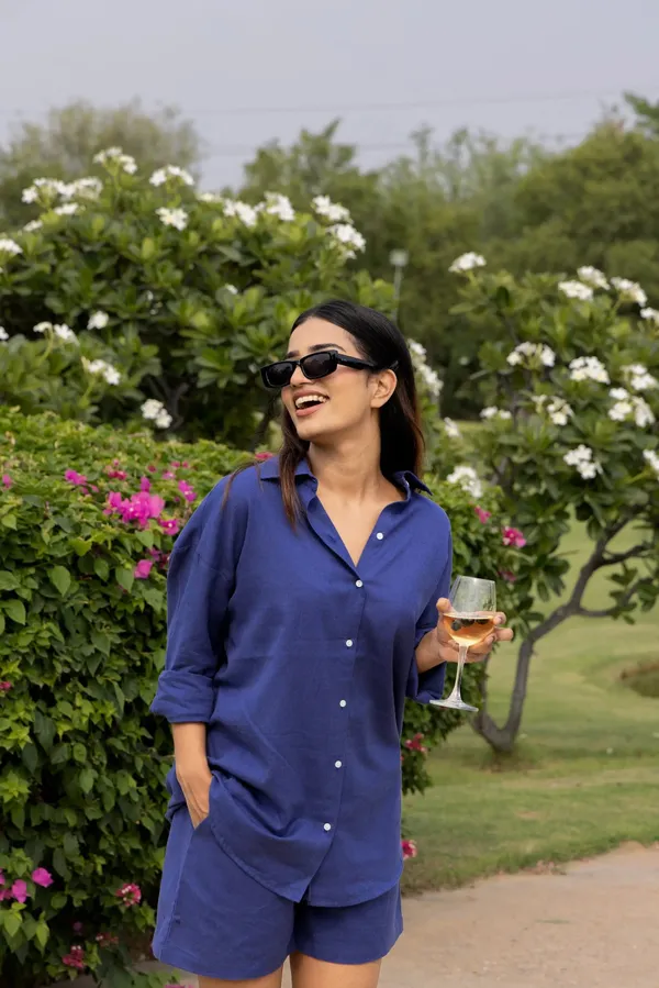 Royal_Blue_Cotton_Shirt_&_Shorts_Set_For_Women