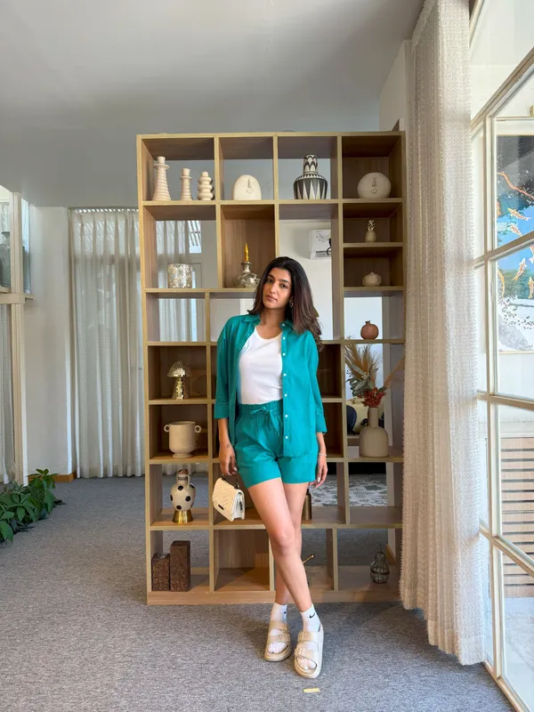 Teal_Blue_Cotton_Shirt_&_Shorts_Set_For_Women