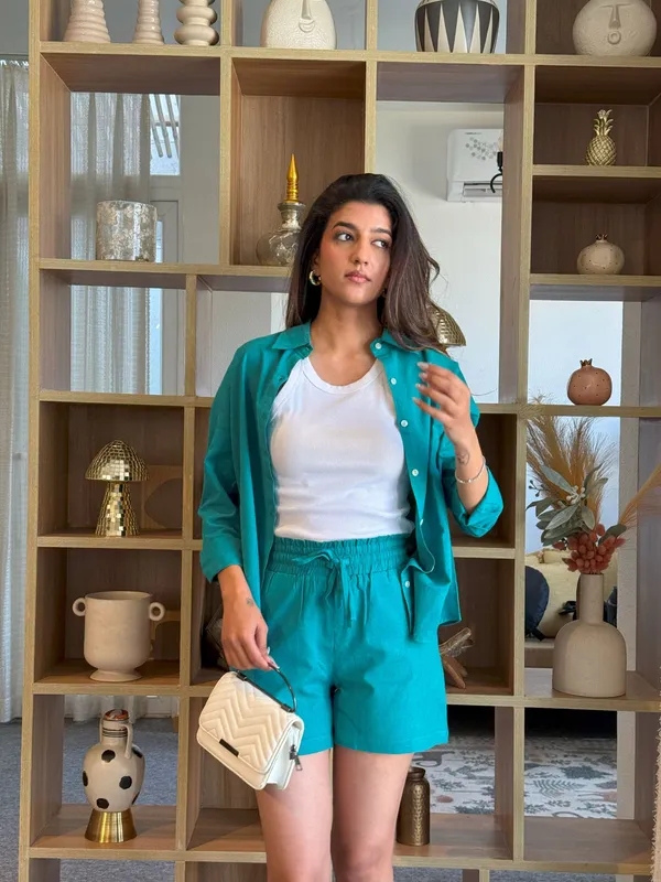 Teal_Blue_Cotton_Shirt_&_Shorts_Set_For_Women