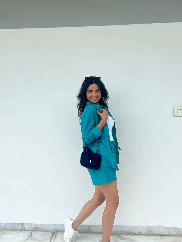 Teal_Blue_Cotton_Shirt_&_Shorts_Set_For_Women