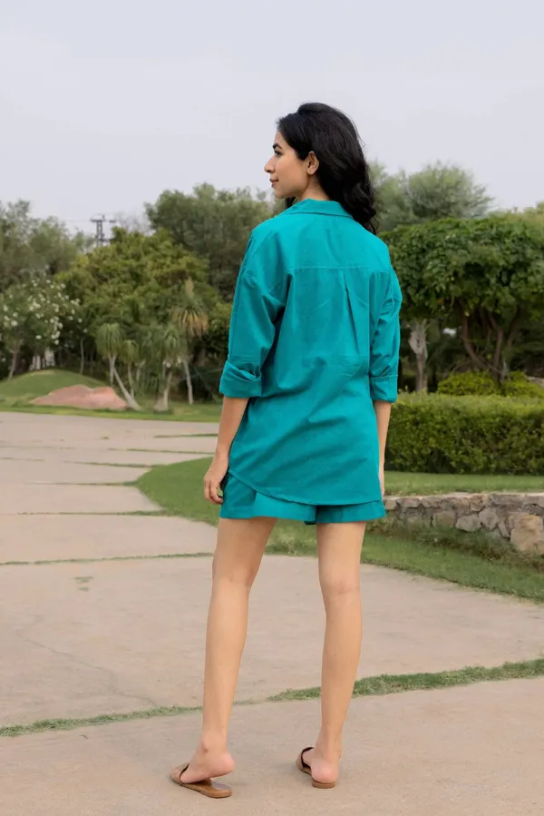 Teal_Blue_Cotton_Shirt_&_Shorts_Set_For_Women