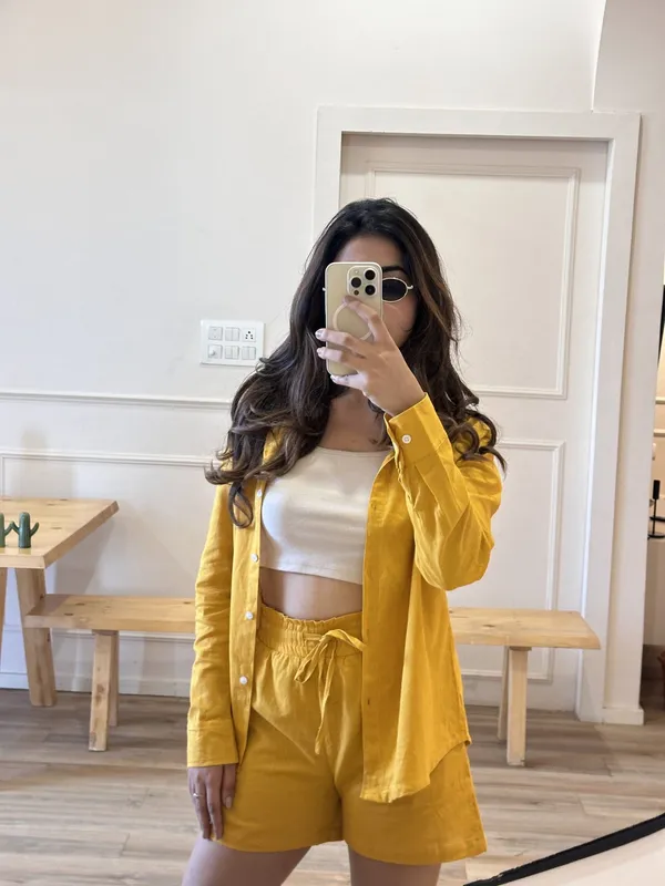 Yellow_Cotton_Shirt_&_Shorts_Set_For_Women
