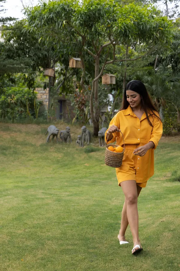 Yellow_Cotton_Shirt_&_Shorts_Set_For_Women