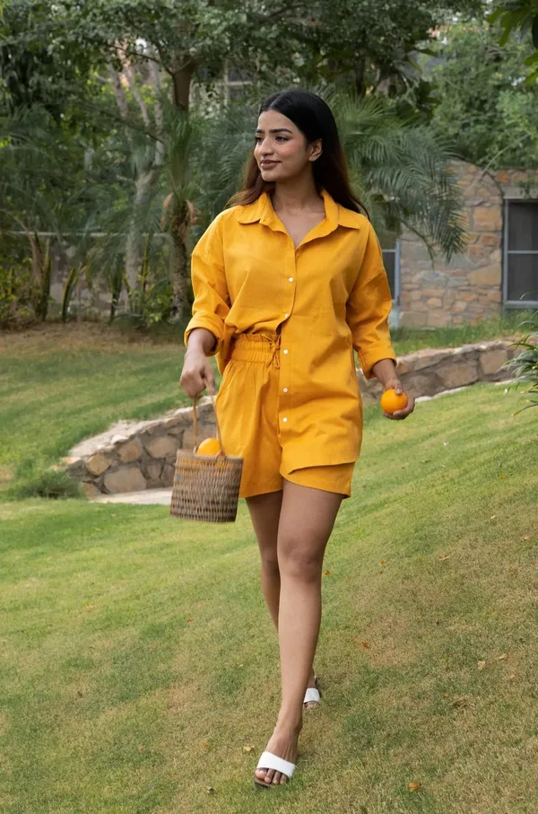 Yellow_Cotton_Shirt_&_Shorts_Set_For_Women