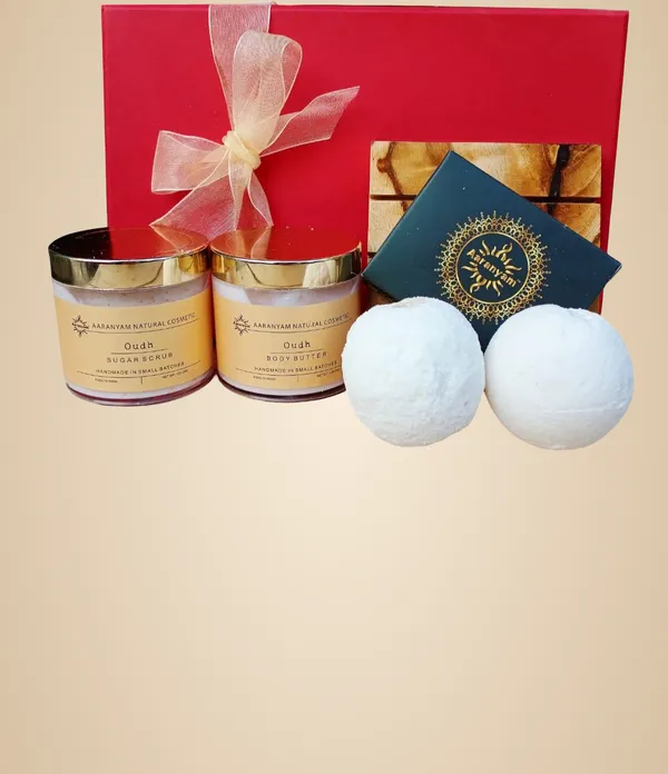 Spa_Gift_Set_For_Women___Majestic_Oudh_Bath_Bomb,_Handmade_Organic_Soaps,_Body_Butter,_Sugar_Scrub,_Wooden_Soap_Dish_Great_Gift_Hamper_For_Birthday,_Anniversary,_Festivals,_Party_Return_Gift.