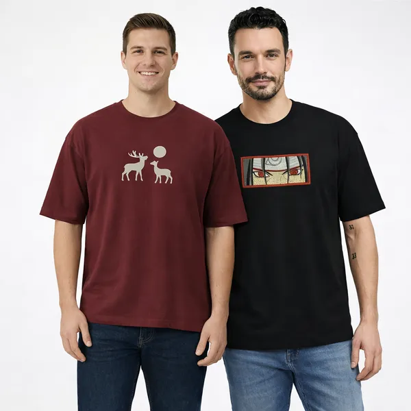 Black_And_Maroon_Cotton_Premium_Anime_Embroidery_Half_Sleeve_Oversize_T-Shirt_For_Men_Combo_Pack_Of_2