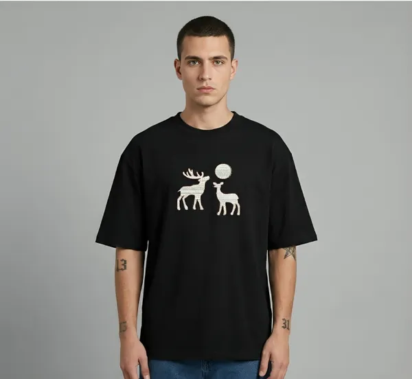 Black_Cotton_Premium_Deer_Embroidery_Half_Sleeve_Oversize_T-Shirt_For_Men