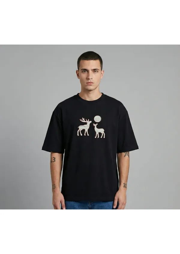 Black_Cotton_Premium_Deer_Embroidery_Half_Sleeve_Oversize_T-Shirt_For_Men