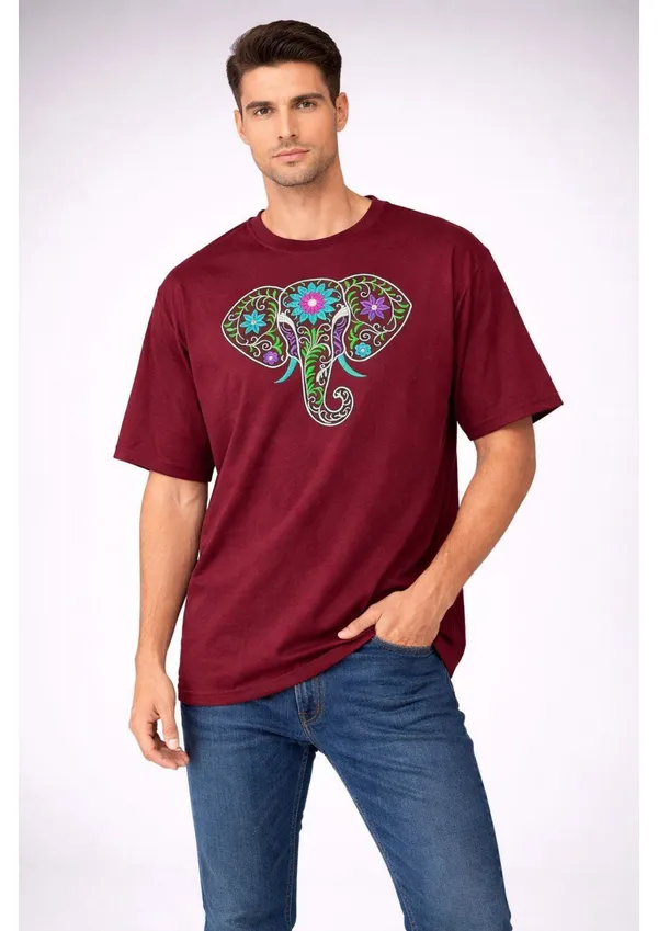 Maroon_Cotton_Premium_Elephant_Embroidery_Half_Sleeve_Oversize_T-shirt_For_Men