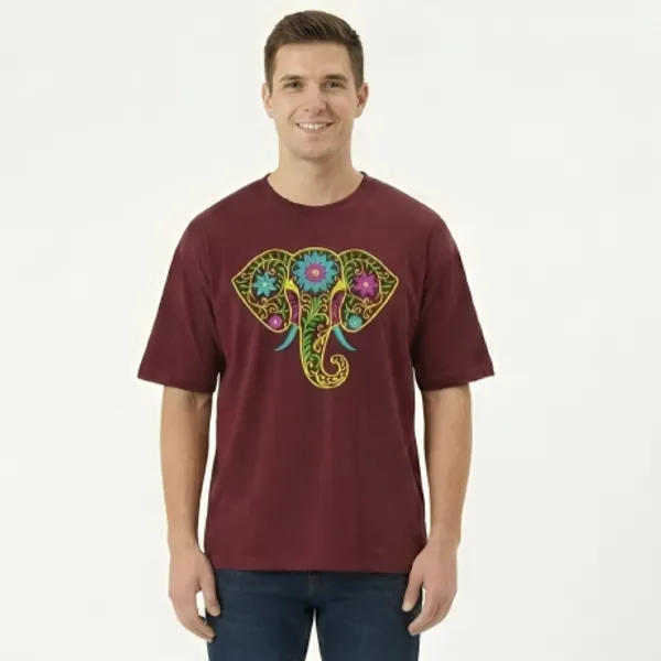 Maroon_Cotton_Premium_Elephant_Embroidery_Half_Sleeve_Oversize_T-shirt_For_Men