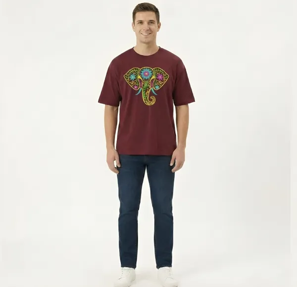 Maroon_And_Black_Cotton_Premium_Elephant_Embroidery_Half_Sleeve_Oversize_T-shirt_For_Men_Combo_Pack_Of_2