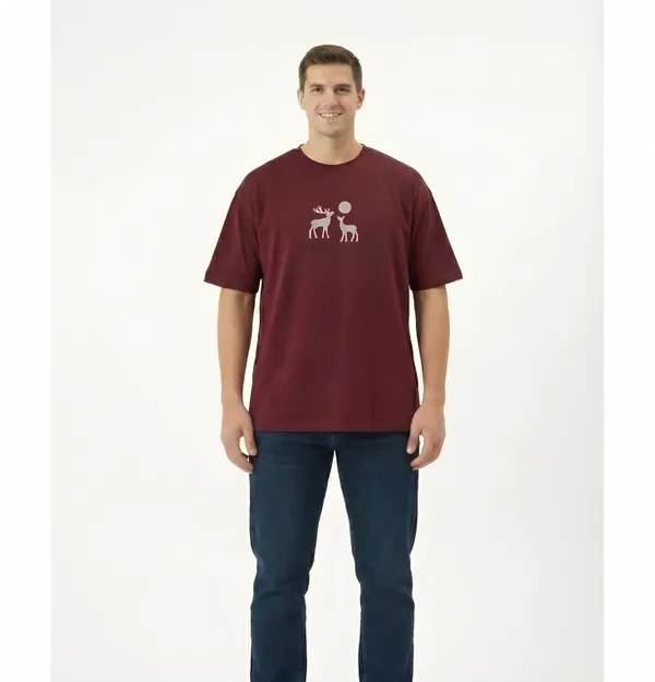 Maroon_Cotton_Premium_Deer_Embroidery_Half_Sleeve_Oversize_T-shirt_For_Men