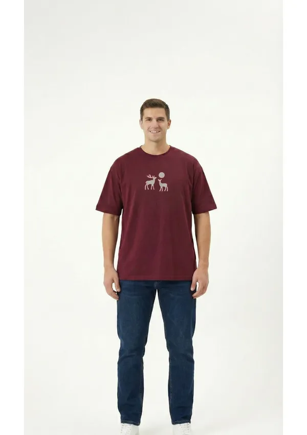 Maroon_Cotton_Premium_Deer_Embroidery_Half_Sleeve_Oversize_T-shirt_For_Men
