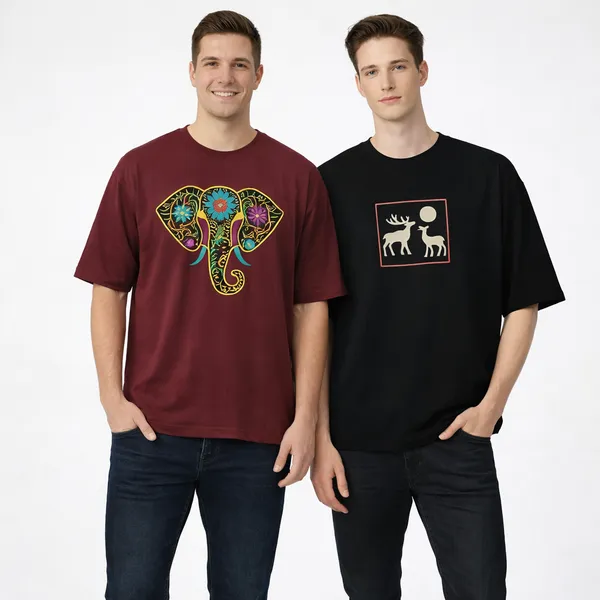 Maroon_And_Black_Cotton_Premium_Elephant_Embroidery_Half_Sleeve_Oversize_T-shirt_For_Men_Combo_Pack_Of_2