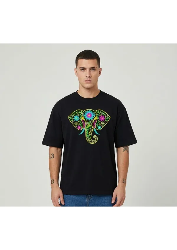 Black_Cotton_Premium_Elephant_Embroidery_Half_Sleeve_Oversize_T-Shirt_For_Men