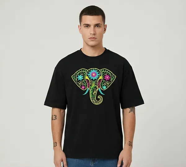 Black_Cotton_Premium_Elephant_Embroidery_Half_Sleeve_Oversize_T-Shirt_For_Men