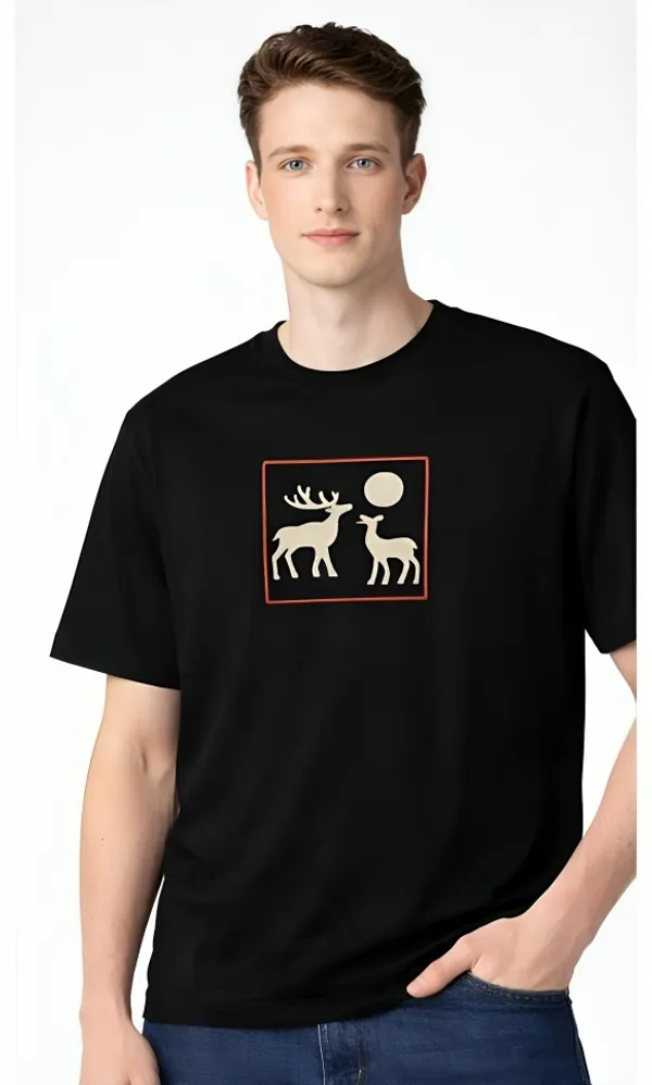 Black_Cotton_Premium_Deer_With_Frame_Embroidery_Half_Sleeve_Oversize_T-Shirt_For_Men