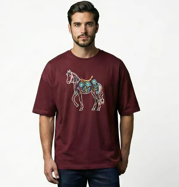Maroon_Cotton_Premium_Horse_Embroidery_Half_Sleeve_Oversize_T-shirt_For_Men