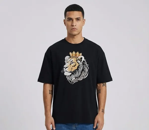 Black_Cotton_Premium_Lion_Embroidery_Half_Sleeve_Oversize_T-Shirt_For_Men