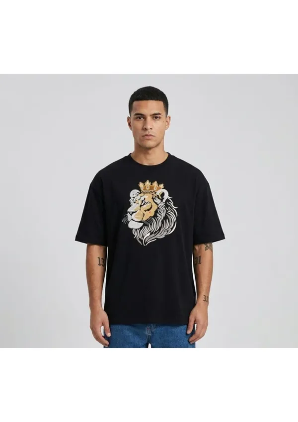 Black_Cotton_Premium_Lion_Embroidery_Half_Sleeve_Oversize_T-Shirt_For_Men