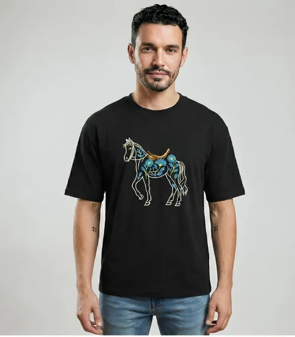 Black_Cotton_Premium_Horse_Embroidery_Half_Sleeve_Oversize_T-Shirt_For_Men