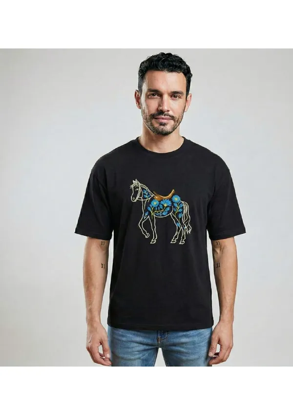 Black_Cotton_Premium_Horse_Embroidery_Half_Sleeve_Oversize_T-Shirt_For_Men