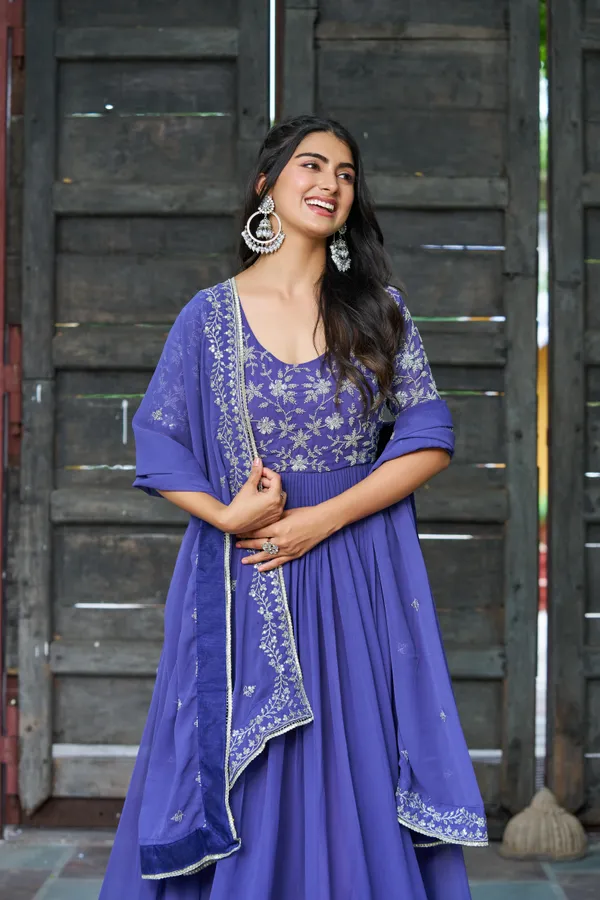 Blue_Refined_Faux_Blooming_Round-Neck_Gown_With_Multithread_Beads_Work_&_Dupatta_For_Women
