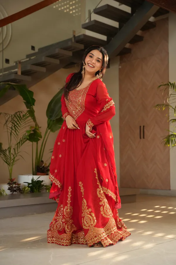 Red_Elegant_Faux_Blooming_Full-Sleeve_Gown_With_Zari_Sequins_Embroidery_&_Dupatta_For_Women
