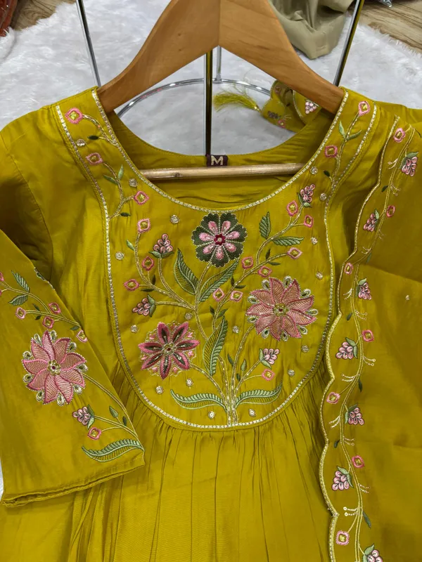 Elegant_Anarkali_Kurti_Pant_Dupatta_Set_Viscose_Roman_Cotton_with_Heavy_Embroidery,_Hand_Work_&_Chanderi_Cotton_Dupatta