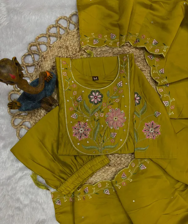 Elegant_Anarkali_Kurti_Pant_Dupatta_Set_Viscose_Roman_Cotton_with_Heavy_Embroidery,_Hand_Work_&_Chanderi_Cotton_Dupatta