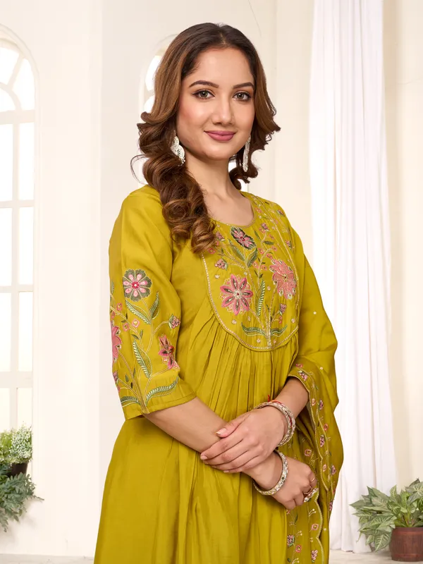 Elegant_Anarkali_Kurti_Pant_Dupatta_Set_Viscose_Roman_Cotton_with_Heavy_Embroidery,_Hand_Work_&_Chanderi_Cotton_Dupatta