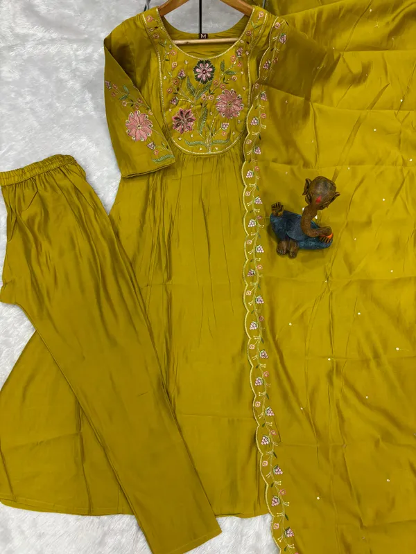 Elegant_Anarkali_Kurti_Pant_Dupatta_Set_Viscose_Roman_Cotton_with_Heavy_Embroidery,_Hand_Work_&_Chanderi_Cotton_Dupatta
