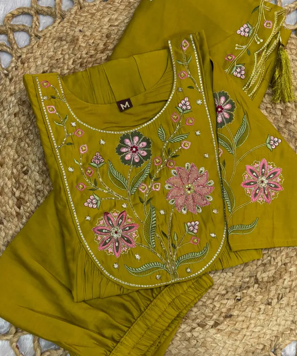 Elegant_Anarkali_Kurti_Pant_Dupatta_Set_Viscose_Roman_Cotton_with_Heavy_Embroidery,_Hand_Work_&_Chanderi_Cotton_Dupatta