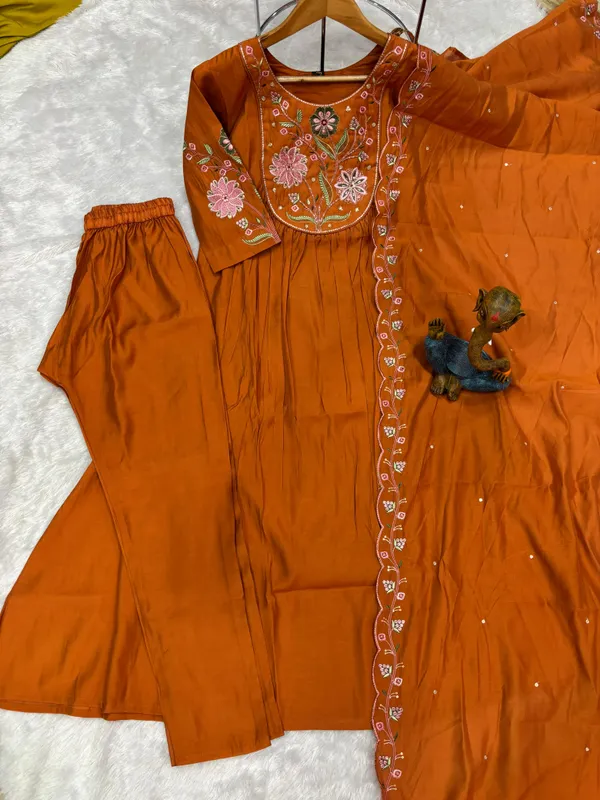 Elegant_Anarkali_Kurti_Pant_Dupatta_Set_Viscose_Roman_Cotton_with_Heavy_Embroidery,_Hand_Work_&_Chanderi_Cotton_Dupatta