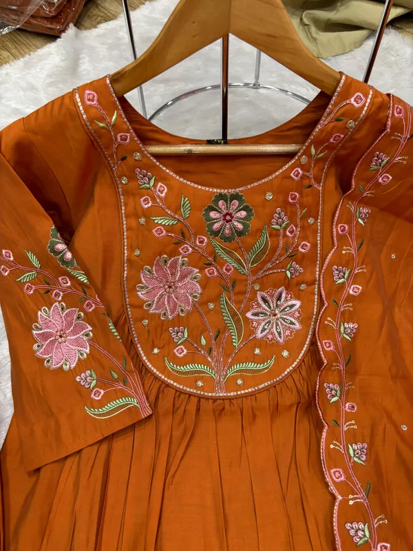 Elegant_Anarkali_Kurti_Pant_Dupatta_Set_Viscose_Roman_Cotton_with_Heavy_Embroidery,_Hand_Work_&_Chanderi_Cotton_Dupatta