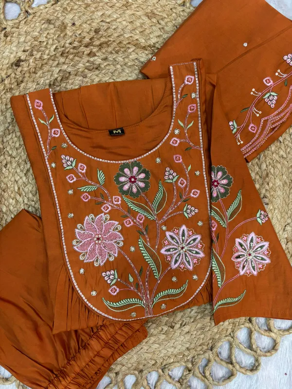 Elegant_Anarkali_Kurti_Pant_Dupatta_Set_Viscose_Roman_Cotton_with_Heavy_Embroidery,_Hand_Work_&_Chanderi_Cotton_Dupatta