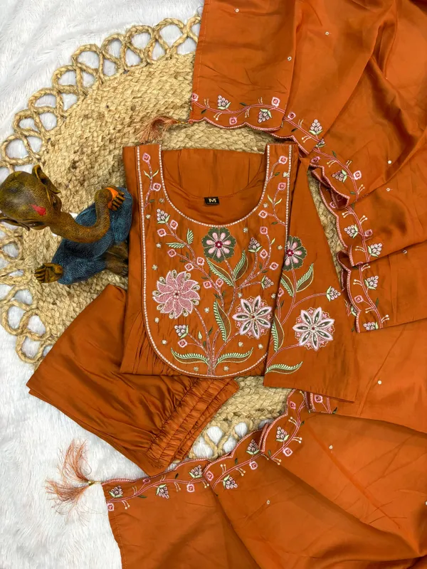 Elegant_Anarkali_Kurti_Pant_Dupatta_Set_Viscose_Roman_Cotton_with_Heavy_Embroidery,_Hand_Work_&_Chanderi_Cotton_Dupatta