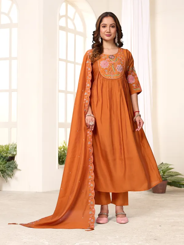 Elegant_Anarkali_Kurti_Pant_Dupatta_Set_Viscose_Roman_Cotton_with_Heavy_Embroidery,_Hand_Work_&_Chanderi_Cotton_Dupatta