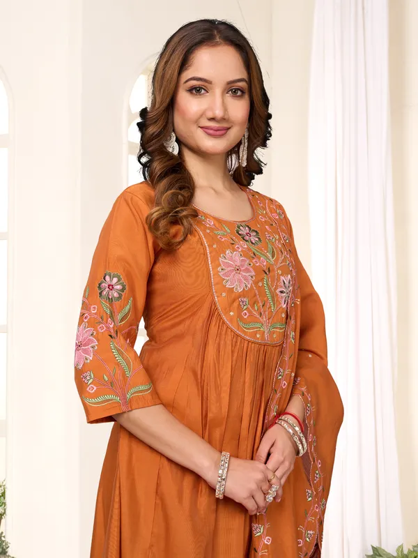 Elegant_Anarkali_Kurti_Pant_Dupatta_Set_Viscose_Roman_Cotton_with_Heavy_Embroidery,_Hand_Work_&_Chanderi_Cotton_Dupatta