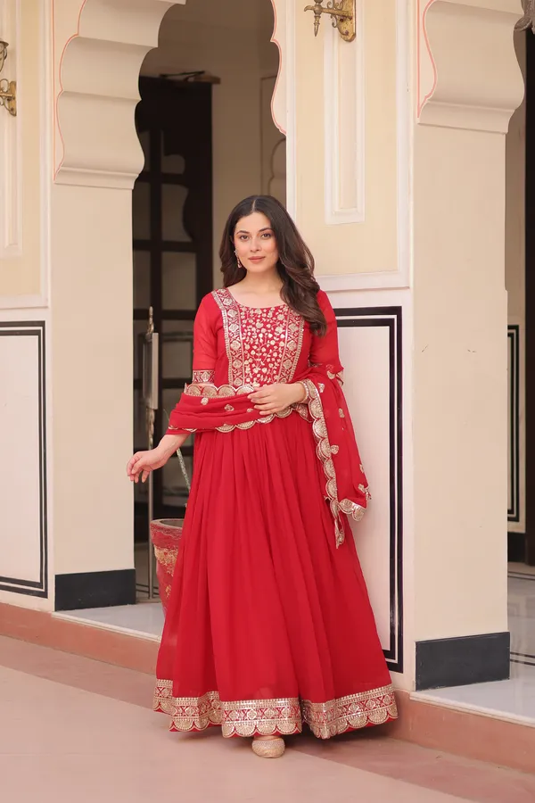 Classic_Faux_Blooming_Half-Sleeve_Gown_with_Zari_Sequins_Work_&_Dupatta