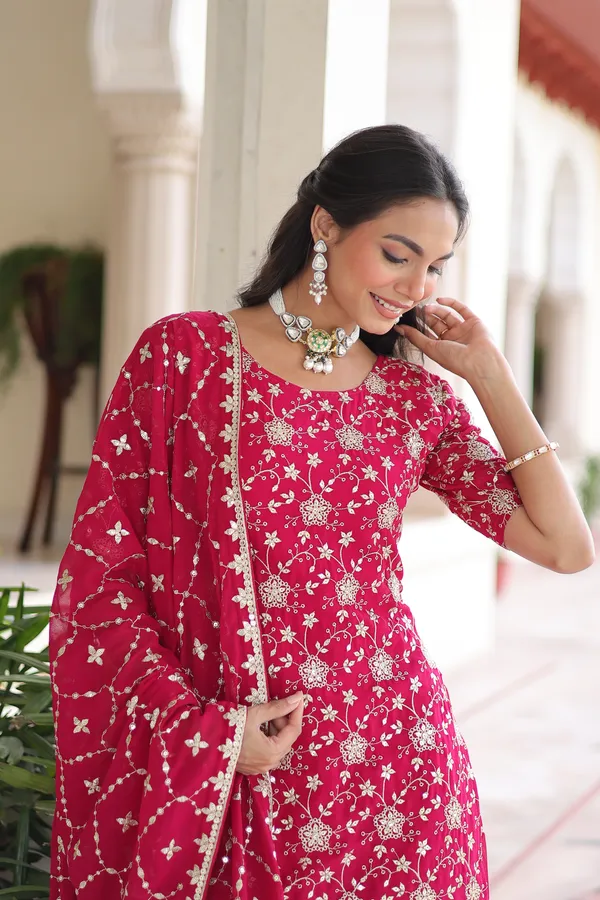Wine_Red_Sequins_Embroidered_Faux_Georgette_Top-Sharara-Dupatta_Festive_Set_For_Women